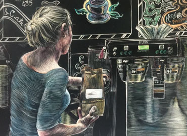 drawing of a woman barista grinding coffee beans rendered in scratchboard and color by artist Lori McAdams.