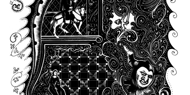 Aprill Chaucerian-inspired black and white image of medieval figures in a decorative scroll edge.