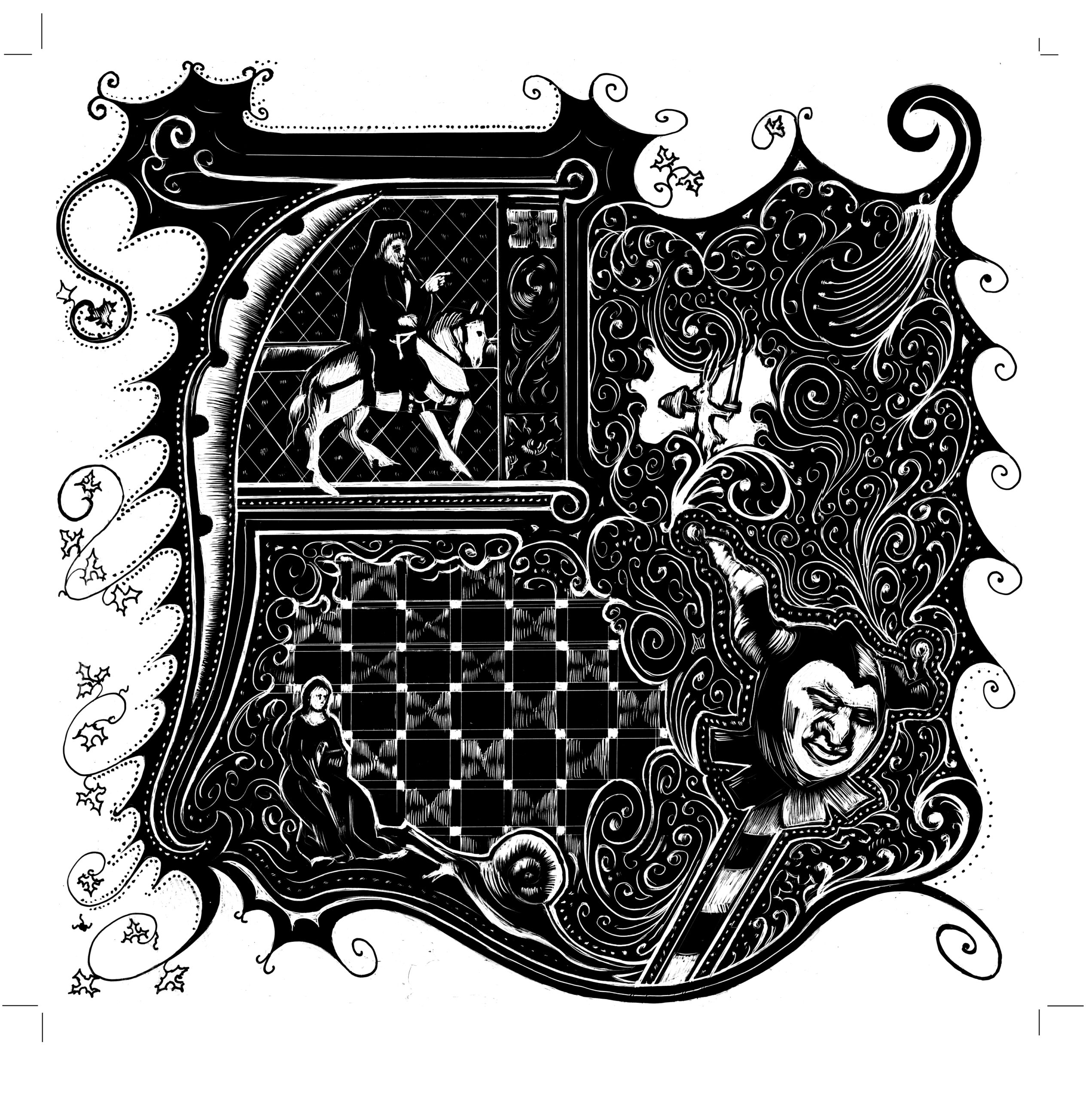 Aprill Chaucerian-inspired black and white image of medieval figures in a decorative scroll edge.